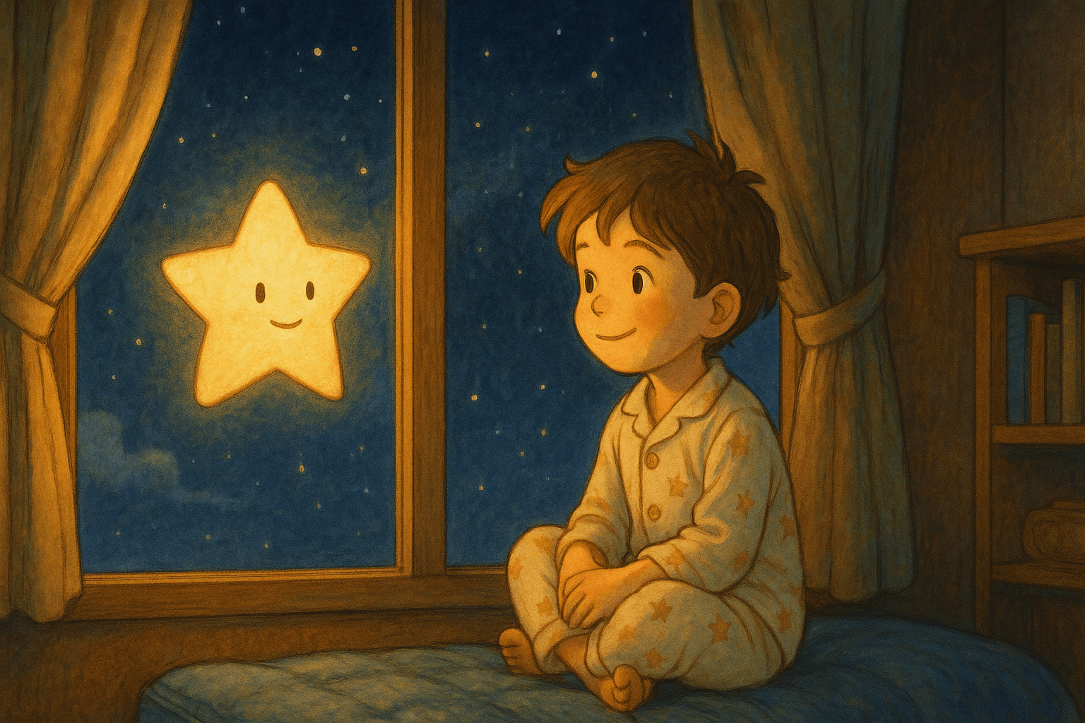 Der kleine Junge Alex sitzt im Pyjama am Fenster und schaut lächelnd zu seinem Sternenfreund Lumi, der draußen am Nachthimmel leuchtet. Ein zauberhaftes Motiv im Studio-Ghibli-Stil, das Geborgenheit und die Magie einer Gute-Nacht-Geschichte vermittelt.