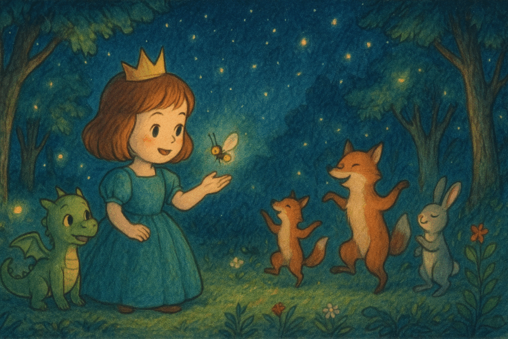 Prinzessin Harper und der tanzende Sternenwald - Illustration der guten Nacht Geschichte