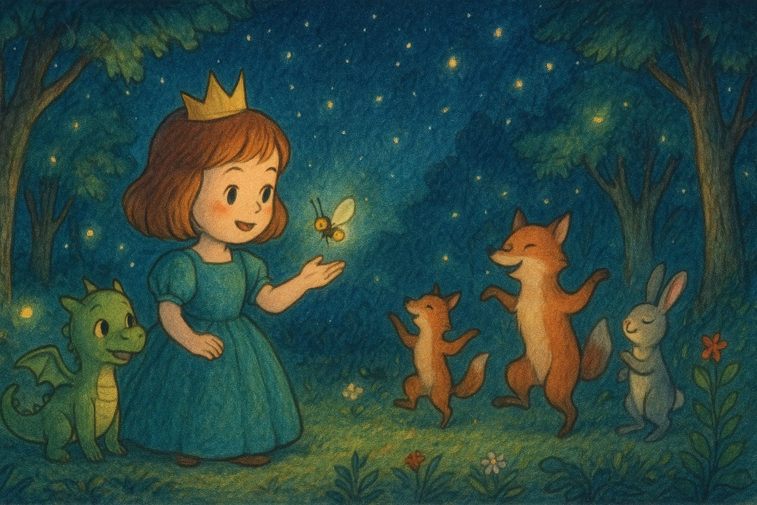 Prinzessin Harper und der tanzende Sternenwald - Illustration der guten Nacht Geschichte