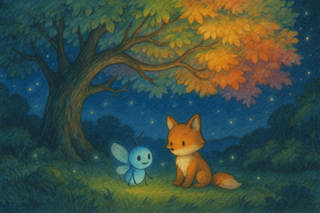 Liora & Pino – Der Sternenfuchs und der Regenbogenbaum - Illustration zur Gute Nacht Geschichte