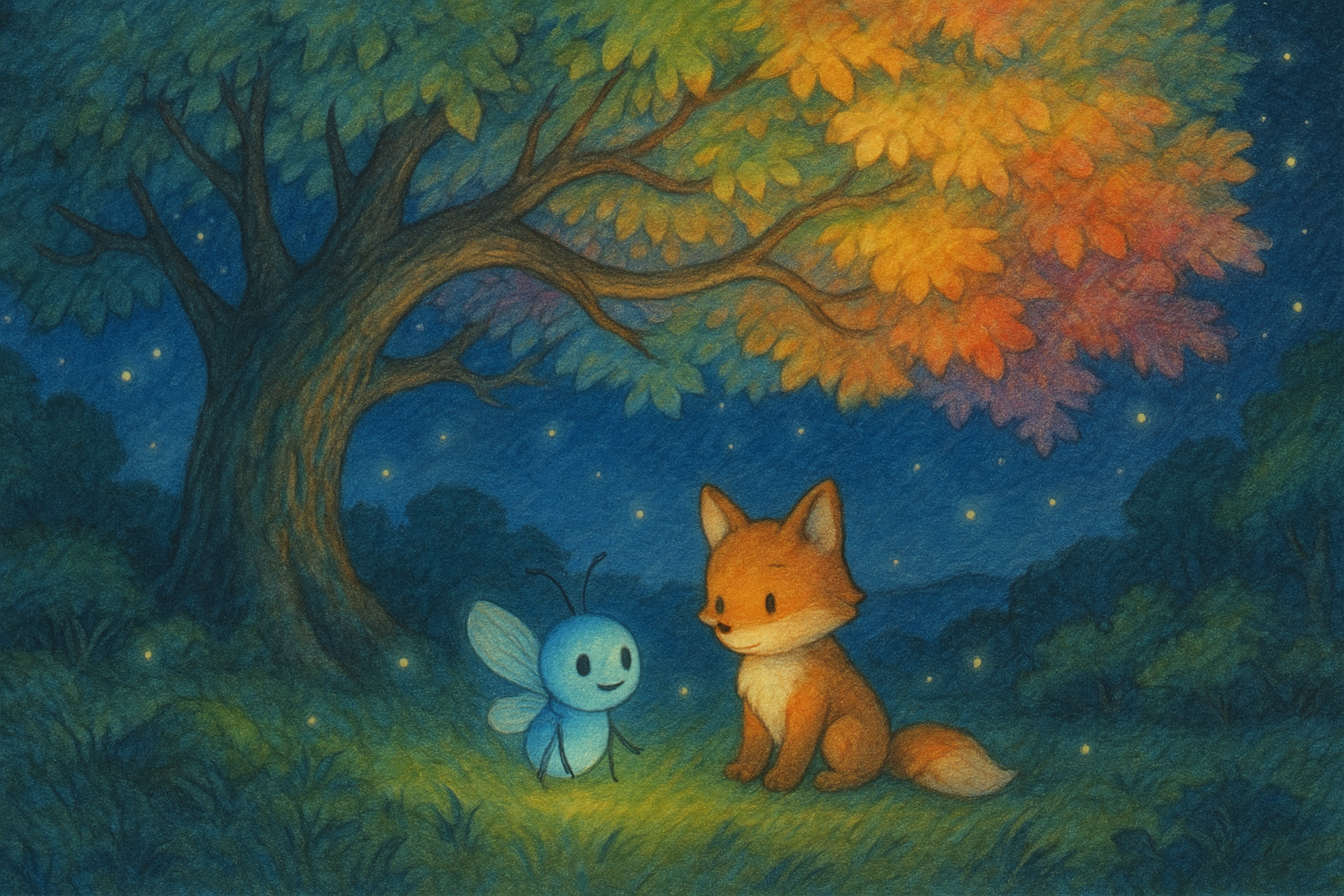 Liora & Pino – Der Sternenfuchs und der Regenbogenbaum - Illustration zur Gute Nacht Geschichte