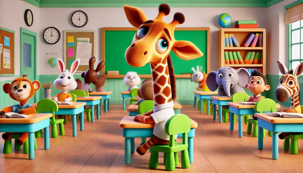 Witz: Eine Giraffe sitzt in einem Klassenzimmer an einem winzigen Tisch, während ihr langer Hals durch das Dach ragt und sie verlegen aussieht. Die anderen tierischen Schüler schauen überrascht nach oben. 😊