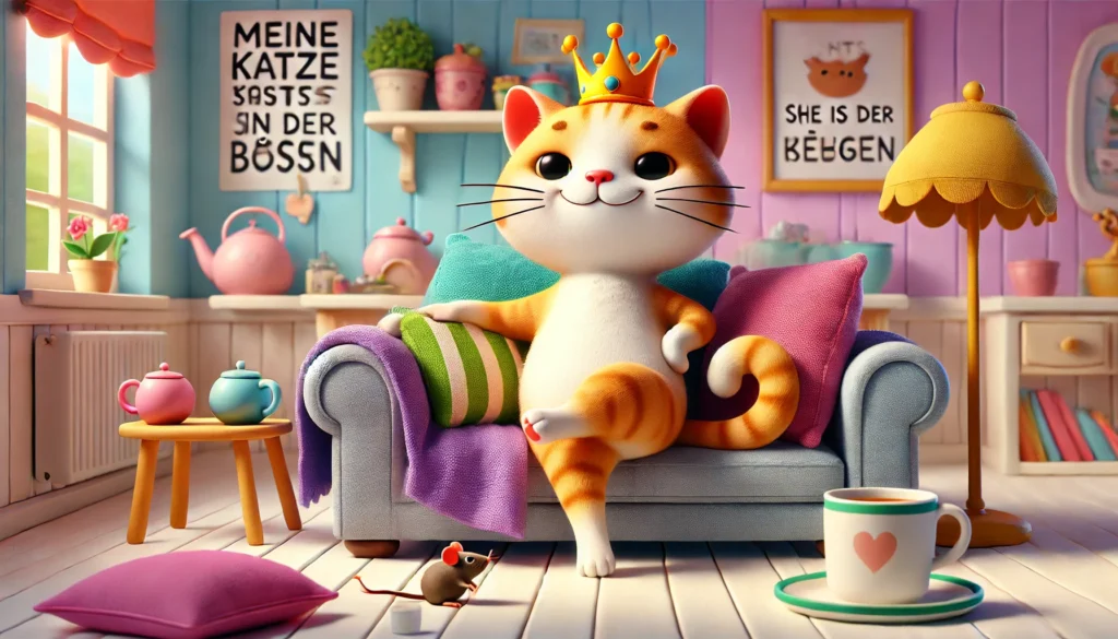 Spruch: „Meine Katze denkt, sie ist der Boss – ich lasse sie in dem Glauben.“ 😊