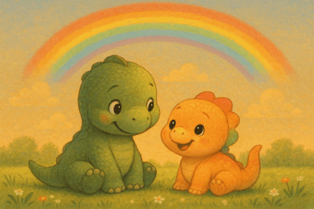 Illustration zur Gute Nacht Geschichte von Dino Lino und seinem Freund Raya, die unter einem Regenbogen im Gras sitzen – niedlich und kindgerecht.