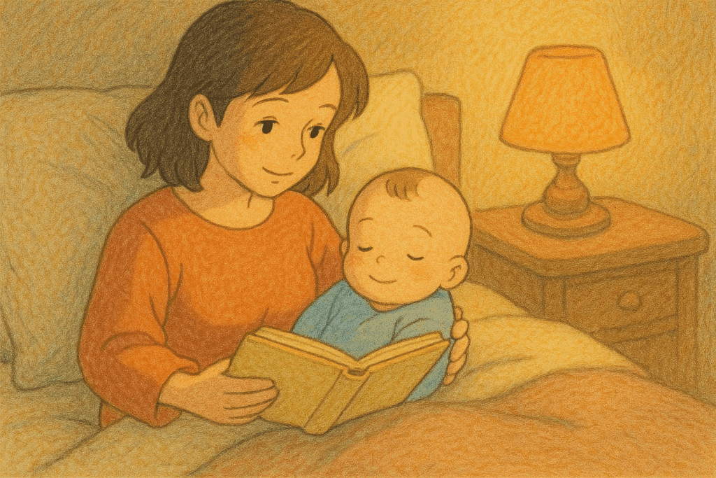 Mutter liest ihrem Baby im Bett eine Gute-Nacht-Geschichte vor – liebevolle Szene im Studio-Ghibli-Stil