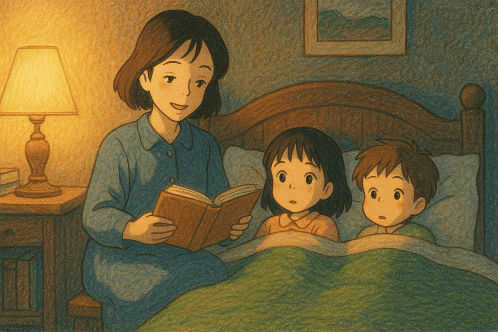 Mutter liest ihren Kindern im Bett eine Gute-Nacht-Geschichte vor – warme, gemütliche Szene im Studio-Ghibli-Stil