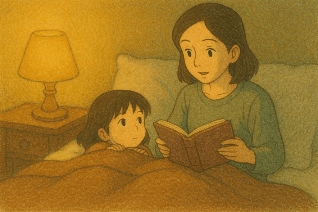 Mutter liest ihrer Tochter im Bett eine Gute-Nacht-Geschichte mit Moral vor – warme Szene im Studio-Ghibli-Stil