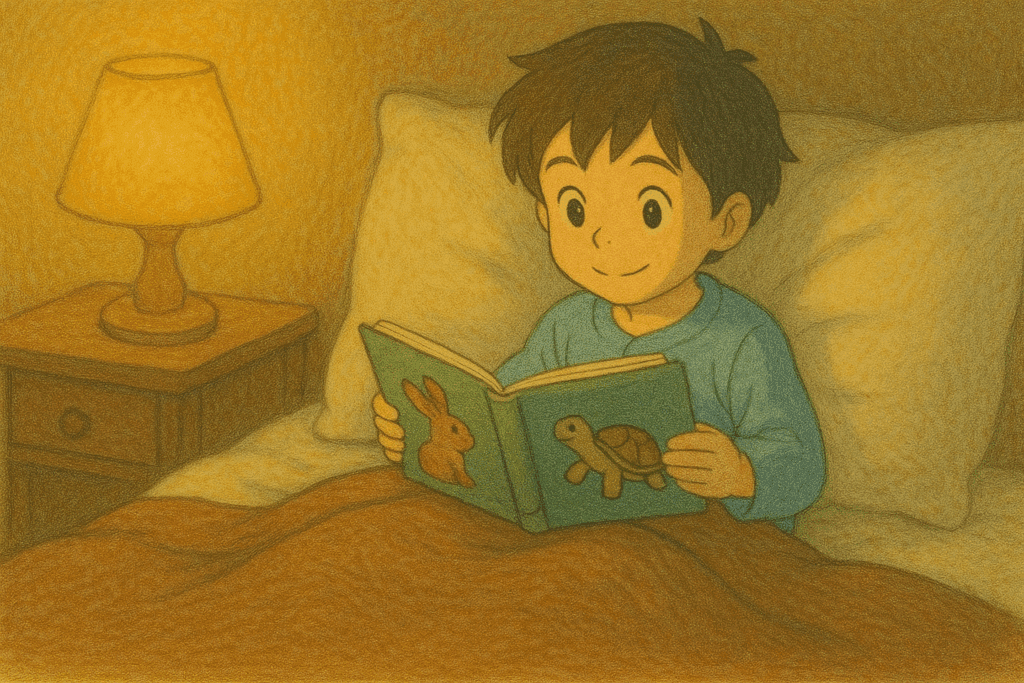 Junge liest im Bett ein Tiergeschichten-Buch mit Hase und Schildkröte – gemütliche Szene im Studio-Ghibli-Stil