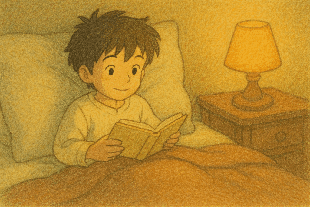 Junge liest im Bett eine kurze Gute-Nacht-Geschichte – gemütliche Szene im Studio-Ghibli-Stil