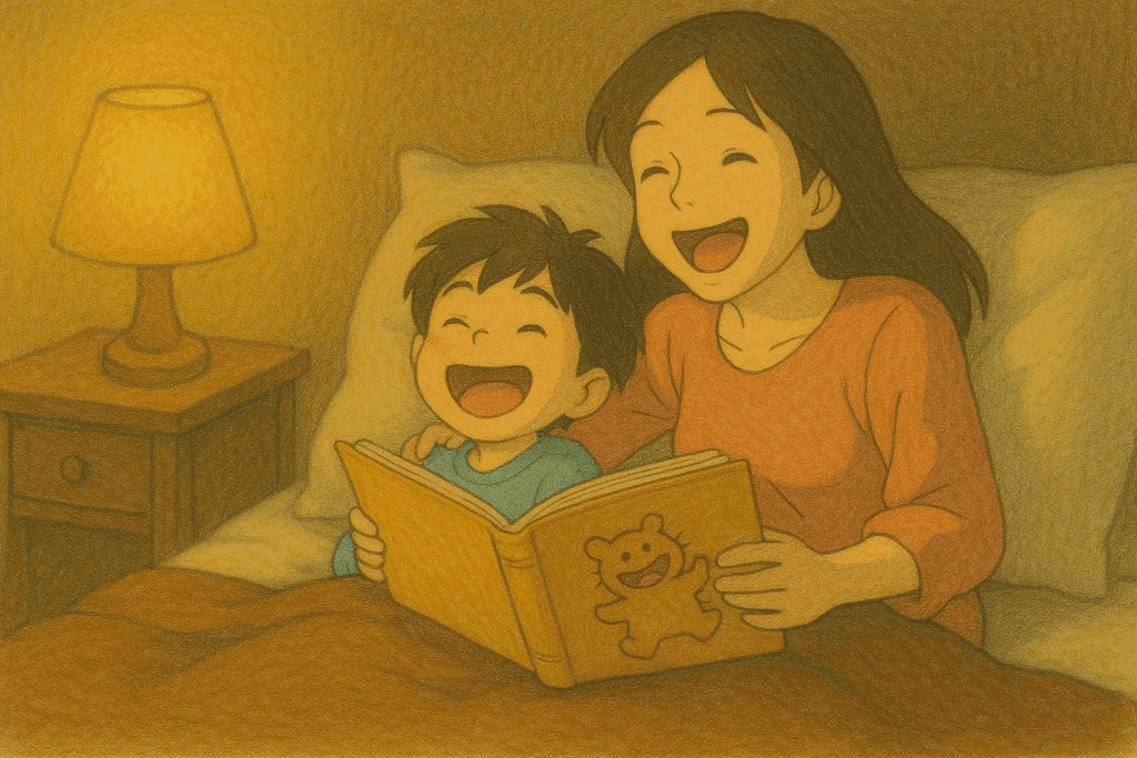 Mutter und Sohn lachen gemeinsam beim Vorlesen einer lustigen Gute-Nacht-Geschichte – warme Szene im Studio-Ghibli-Stil