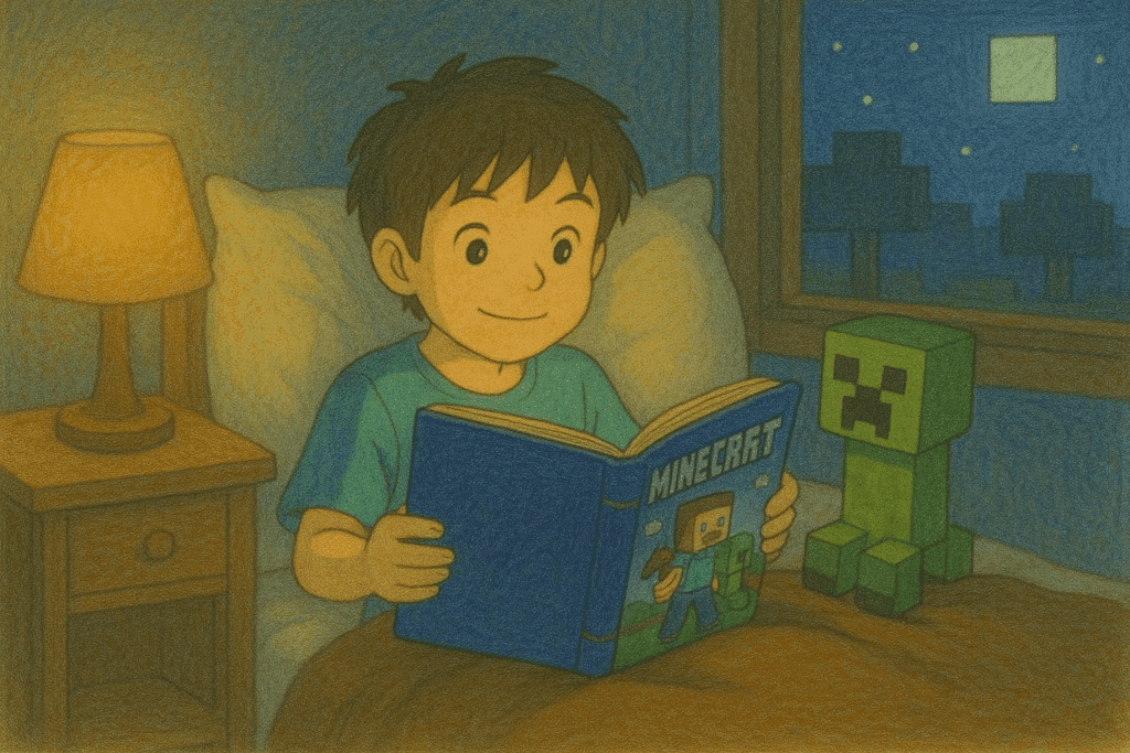 Junge liest im Bett ein Minecraft-Geschichtenbuch mit Creeper-Plüschtier – gemütliche Szene im Studio-Ghibli-Stil