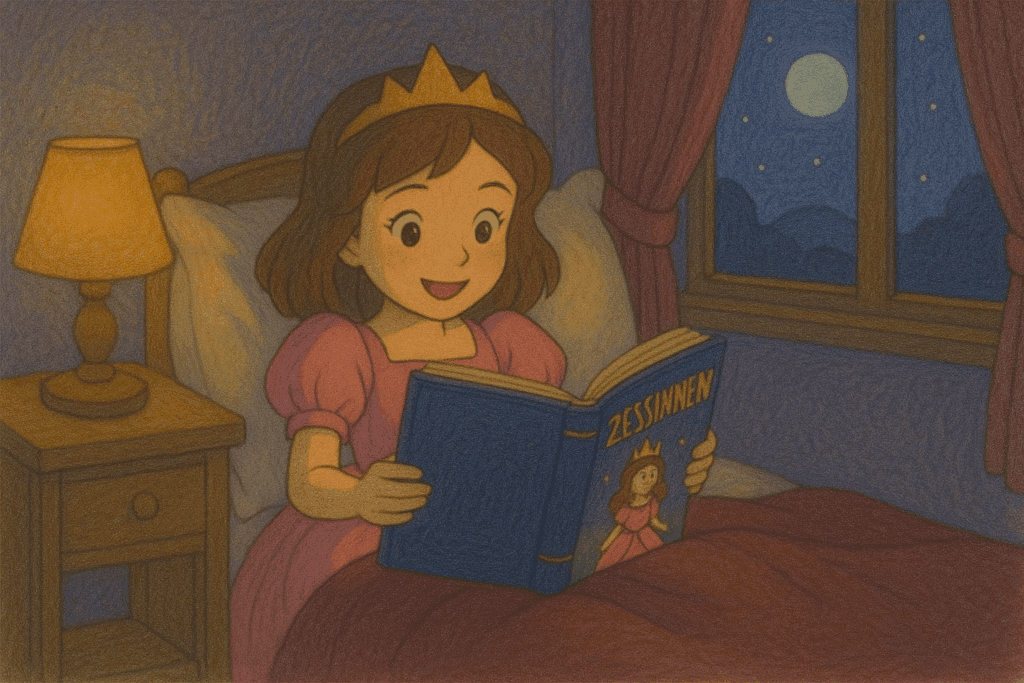 Junge Prinzessin liest im Bett ein Märchenbuch über Prinzessinnen – zauberhafte Szene im Studio-Ghibli-Stil